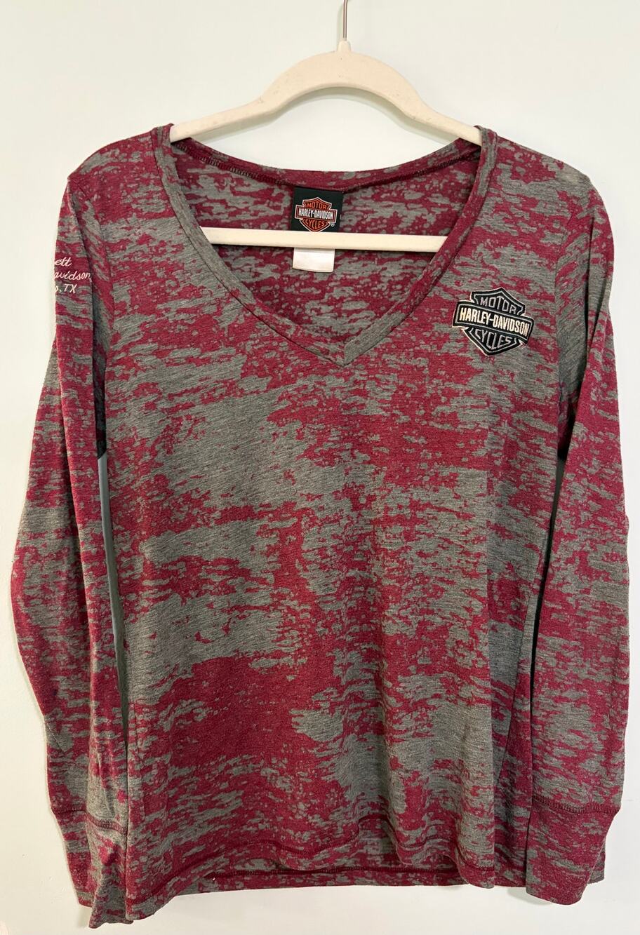Harley-Davidson Burnout Long Sleeve Shirt Women's Large Red Gray Made USA